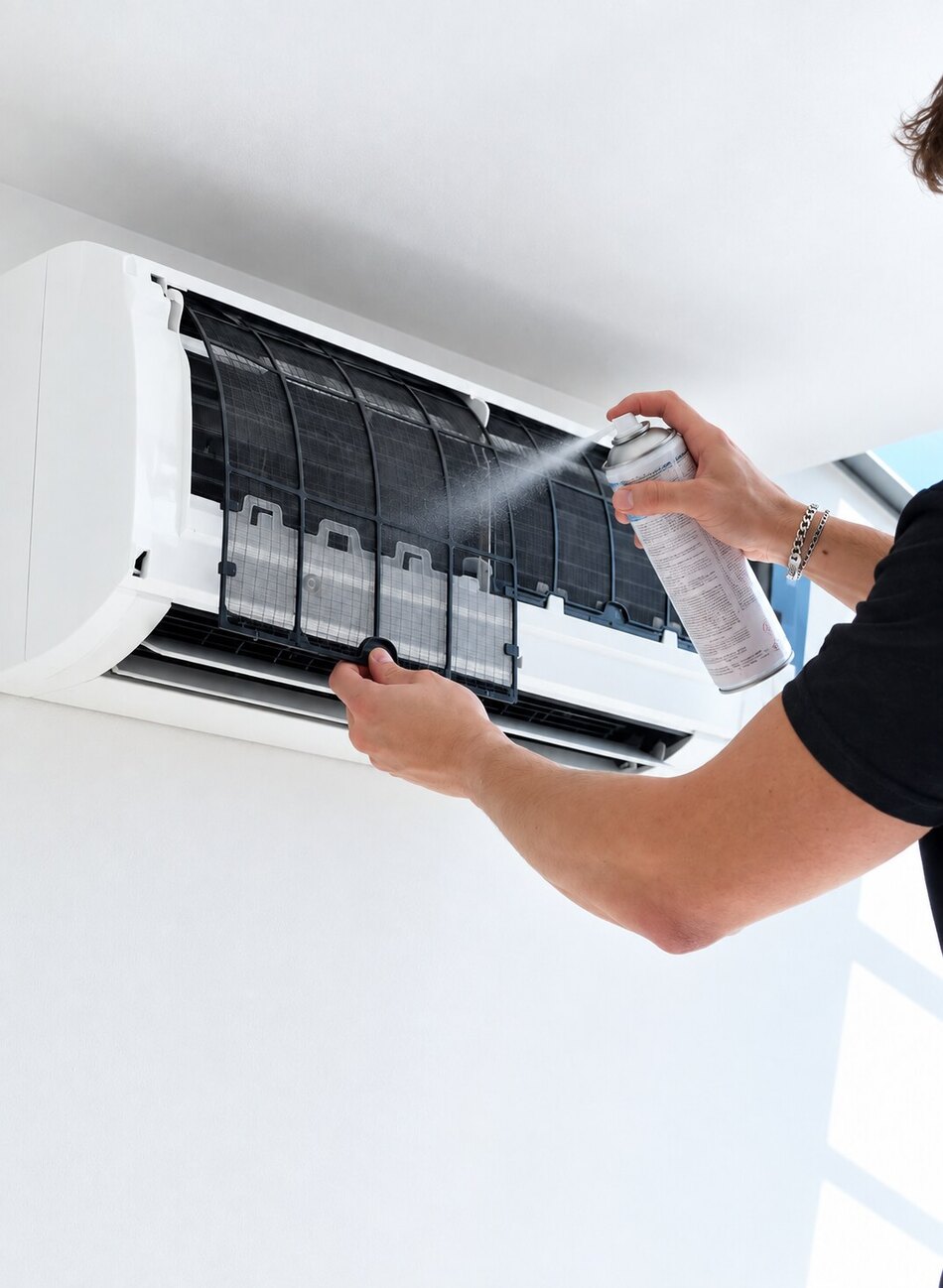 Nettoyage du filtre d'une climatisation murale à la bombe désinfectante