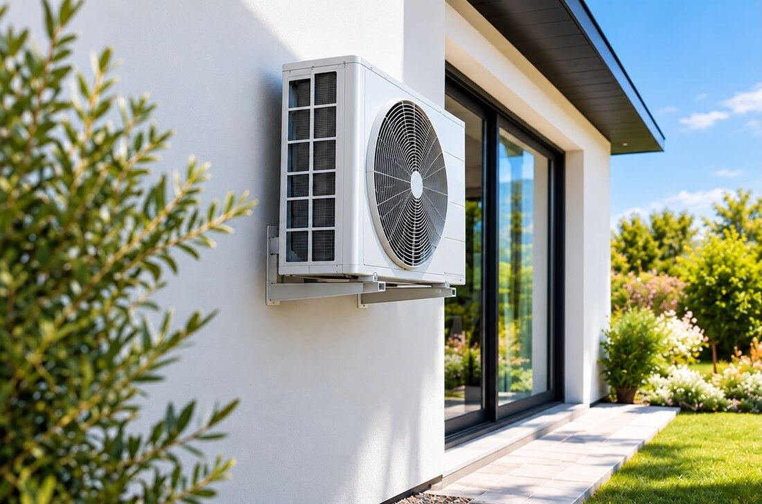 Unité extérieure de climatisation installée sur un mur, à côté d'une baie vitrée, avec jardin en arrière-plan