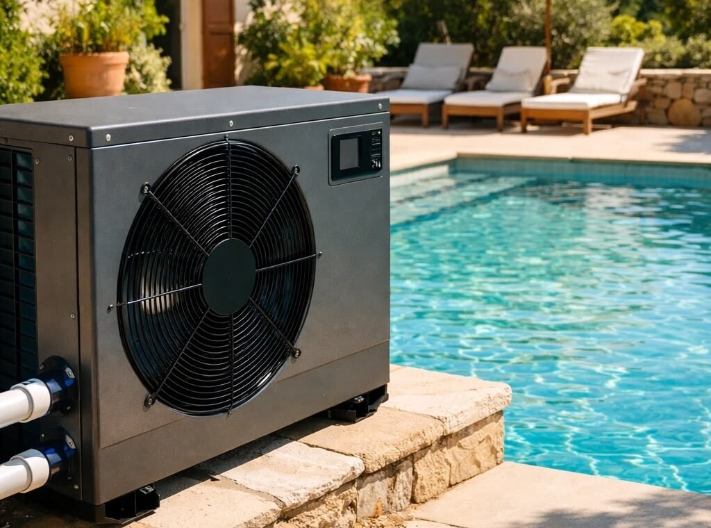Pompe à chaleur air/eau installée en extérieur, à côté d'une piscine