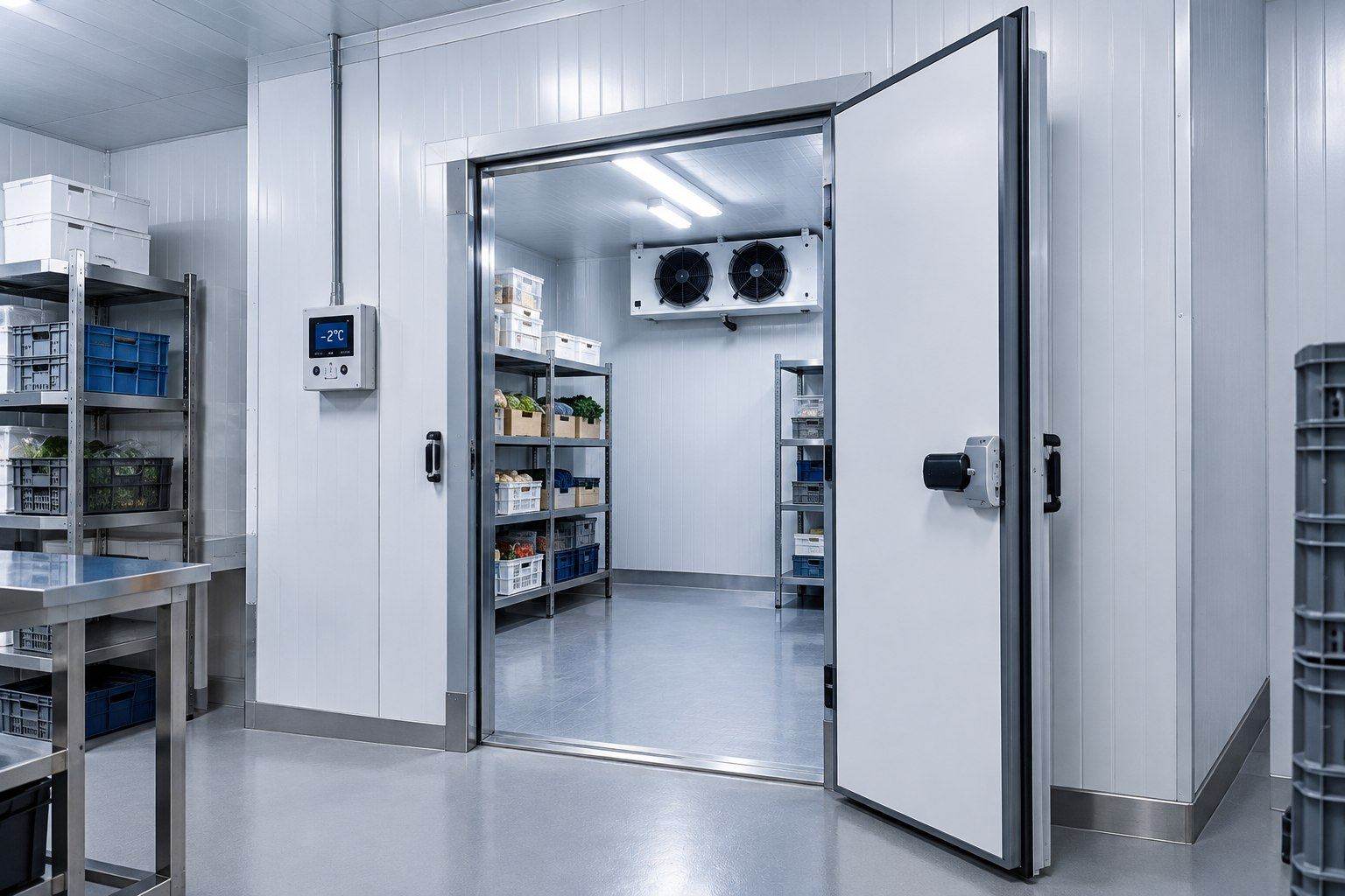 Exemple de chambre froide professionnelle, porte ouverte sur un espace de stockage réfrigéré