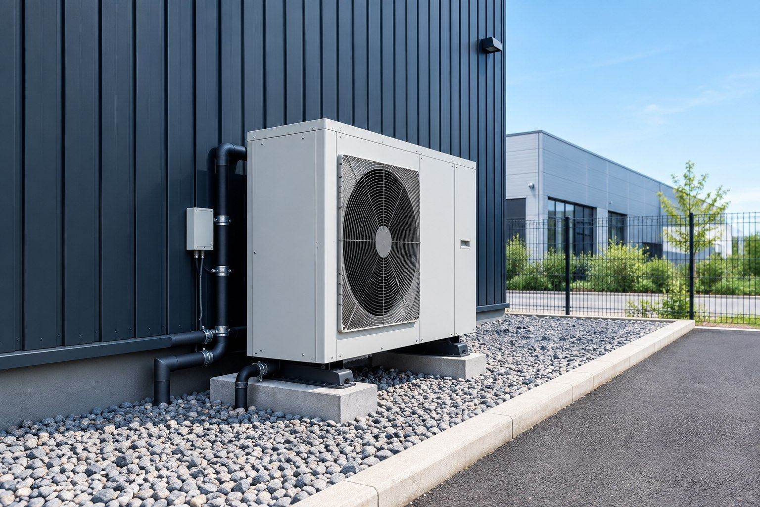Exemple d'unité extérieure de pompe à chaleur installée près d'un bâtiment professionnel